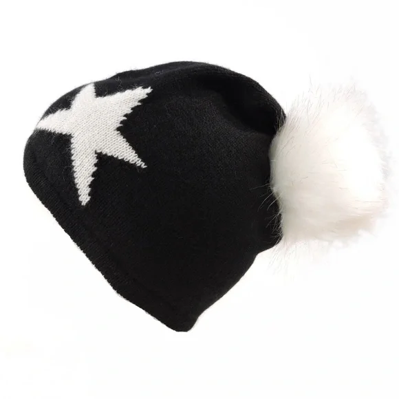 HANNAH ROSE ⚜ WOMEN\'S GREY CASHMERE WINTER KNIT POMPOM HAT New Hannah Rose 100% Cashmere Hat with Star & Fur Pompom  main image 4